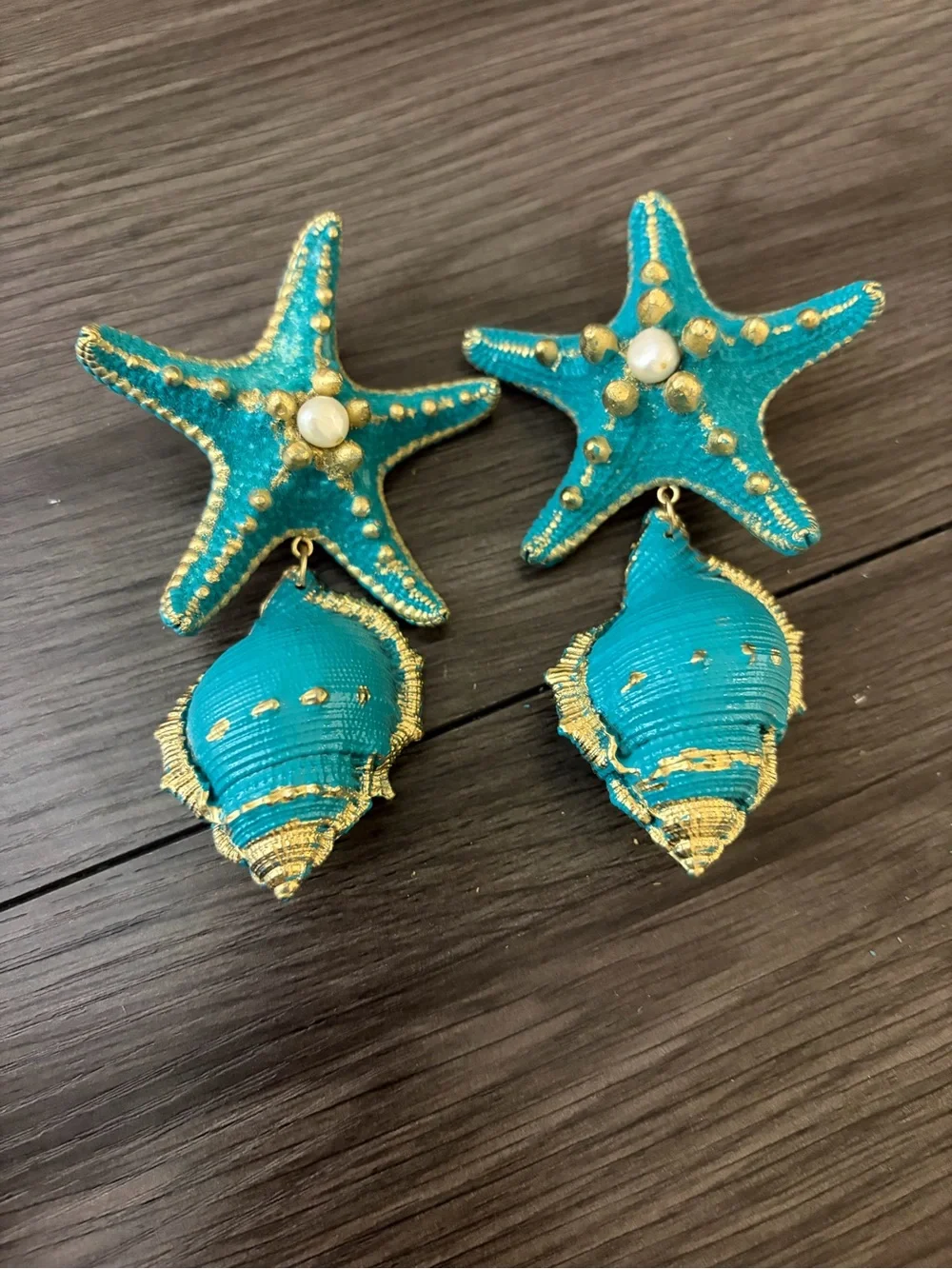 Turquoise Starfish & Shell Statement Earrings - Picture 8 of 8